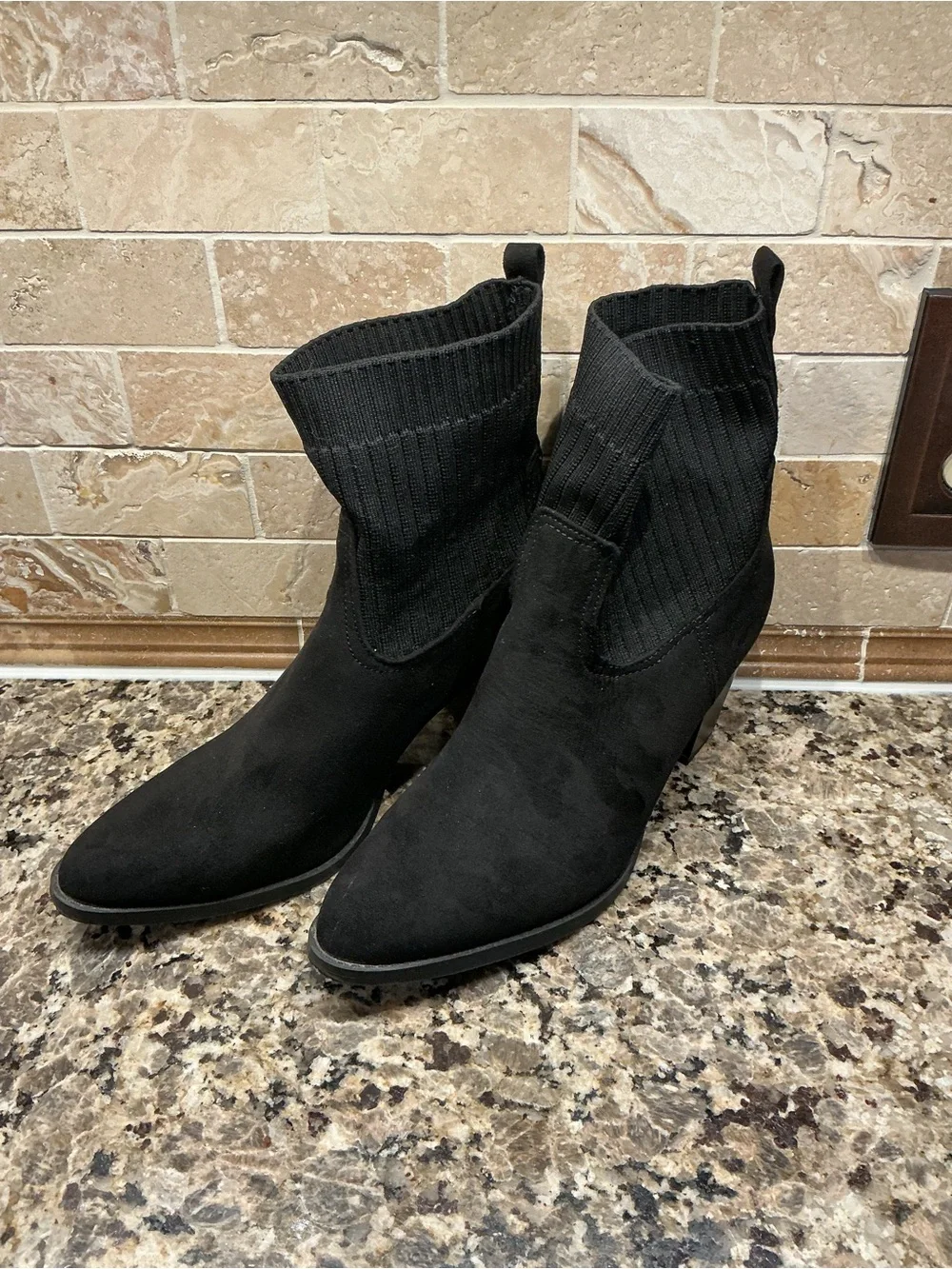 Time and Tru Black Knit-Top Ankle Boots